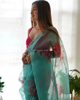 Heavy Beads Work Teal Pure Organza Saree